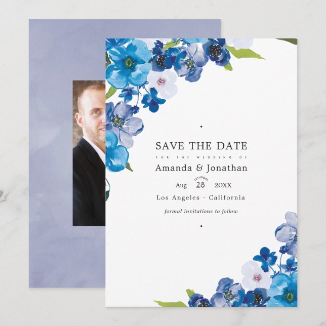 Save The Date Teintes de mariage floral bleu Photo (Devant / Derrière)