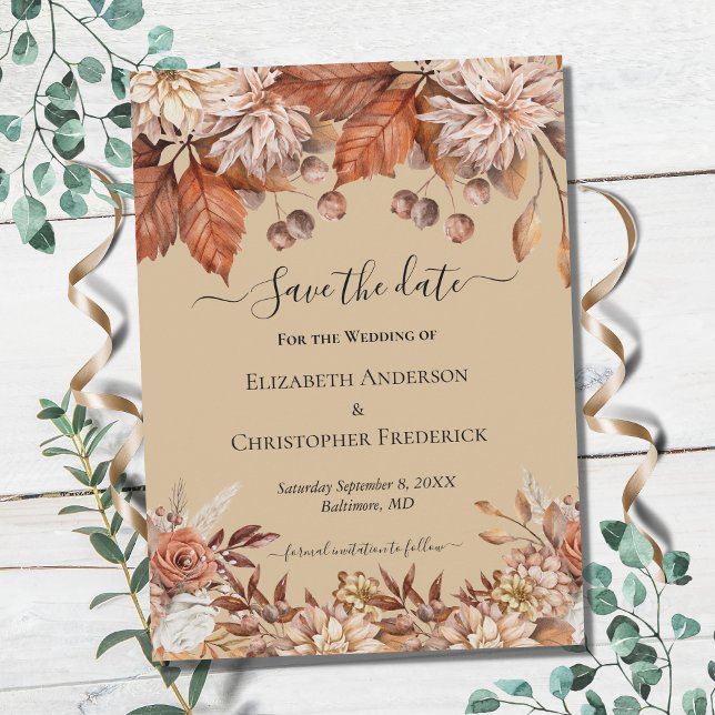 Save The Date Terracotta Blanc Brown Floral Élégant Mariage Boho (Créateur téléchargé)