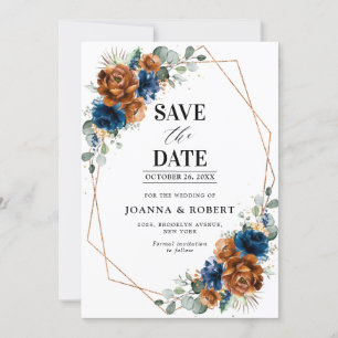 Save The Date Terracotta Bleu Marine Verdure Géométrique Mariage