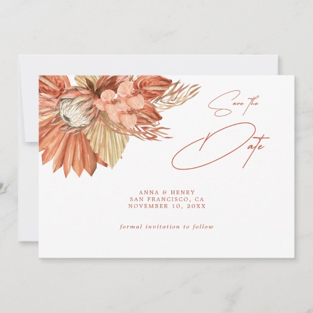 Save The Date Terracotta Boho Séché Pampas Floral Enregistrer La (Devant)