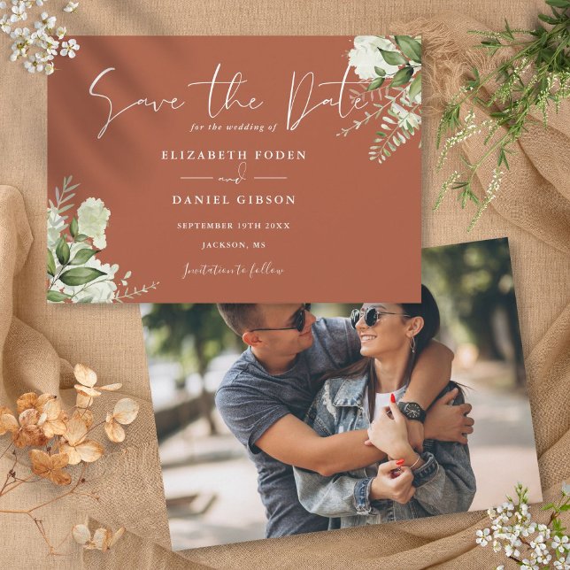 Save The Date Terracotta Élégante verdure Mariage photo floral (Terracotta Elegant Greenery Floral Photo Wedding Save The Date)