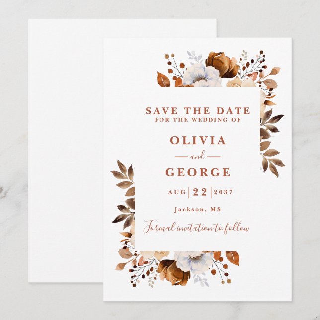 Save The Date Terracotta Fall Aquarelle moderne Floral Mariage (Devant / Derrière)