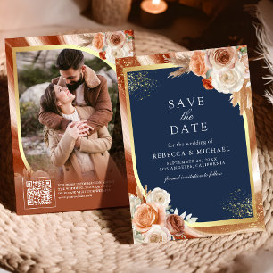 Save The Date Terracotta Fleurs Code QR Bleu Marine Photo Mariag