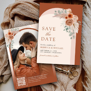 Save The Date Terracotta Floral Boho Pampas Arch Photo QR Code