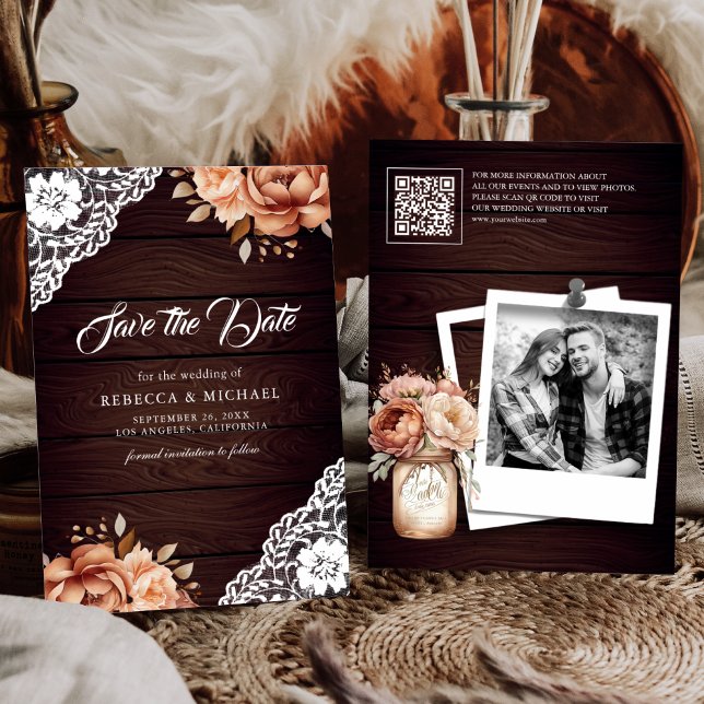 Save The Date Terracotta Floral Bois Photo QR Code Mariage (Créateur téléchargé)