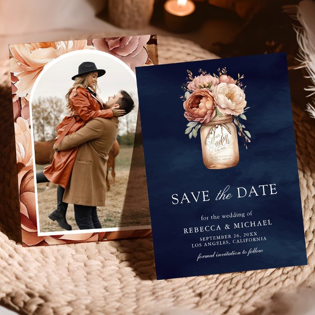 Save The Date Terracotta Floral Navy Blue Photo Mariage (Créateur téléchargé)