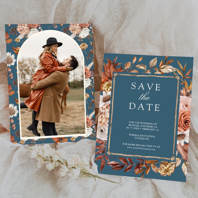 Save The Date Terracotta Floral Photo Dusty Blue Wedding (Créateur téléchargé)