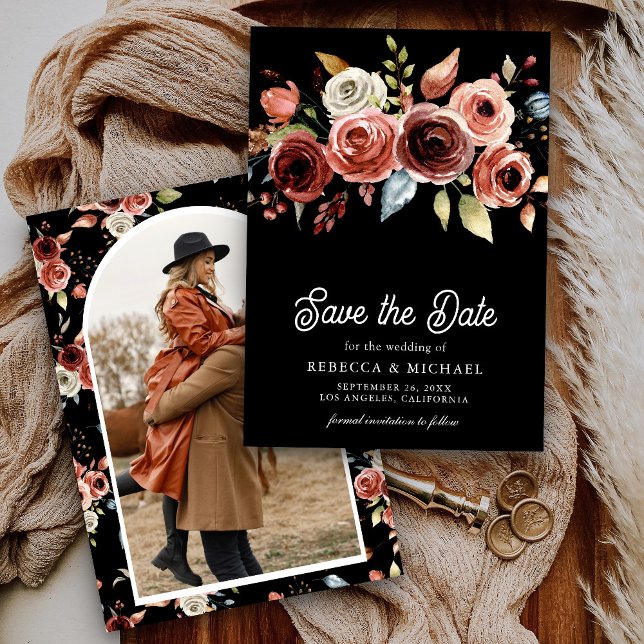 Save The Date Terracotta Floral Photo Mariage noir (Créateur téléchargé)