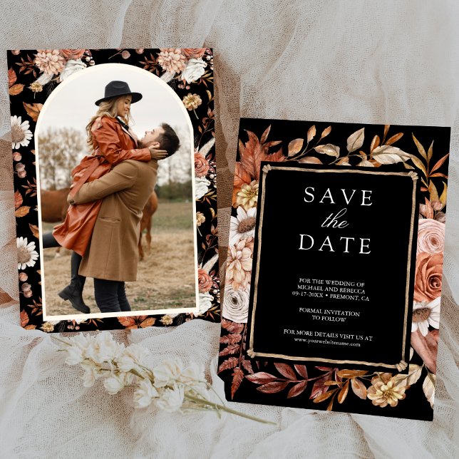 Save The Date Terracotta Floral Photo Mariage noir (Créateur téléchargé)