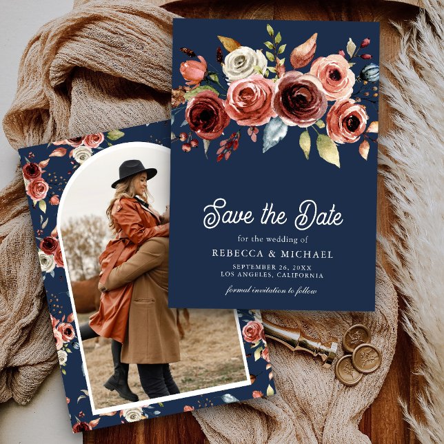 Save The Date Terracotta Floral Photo Marine Mariage bleu (Créateur téléchargé)
