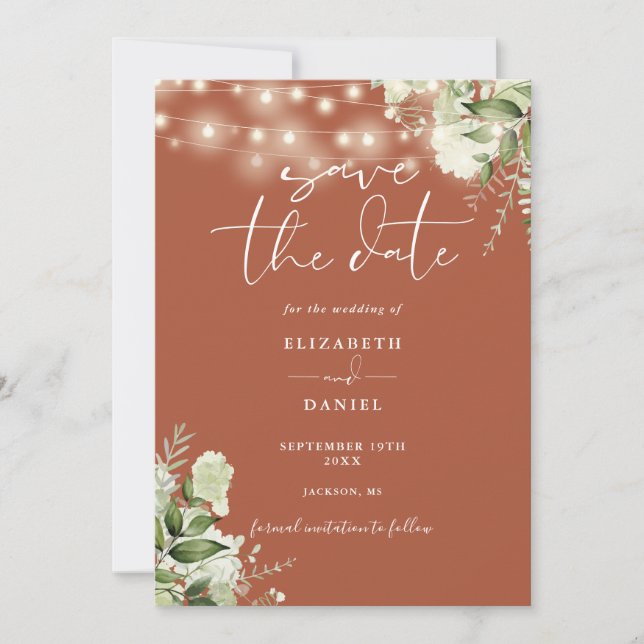 Save The Date Terracotta Floral String Lumières Photo Mariage (Devant)