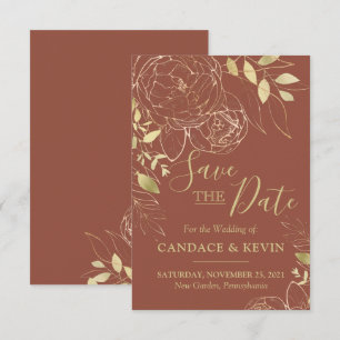 Save The Date Terracotta & Gold Peony Mariage Floral moderne