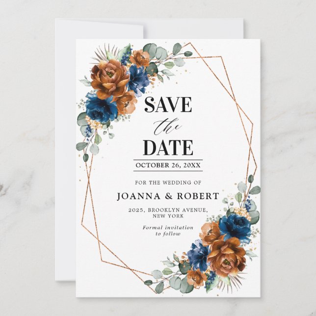 Save The Date Terracotta Marine Bleu Vert Mariage géométrique Sa (Devant)