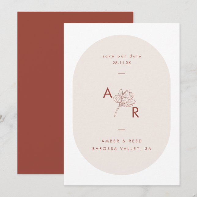 Save The Date Terracotta Moderne Floral Monogramme Double Arche (Devant / Derrière)