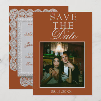 Save The Date Terracotta Orange Brûlé Dentelle Photo Mariage Fan