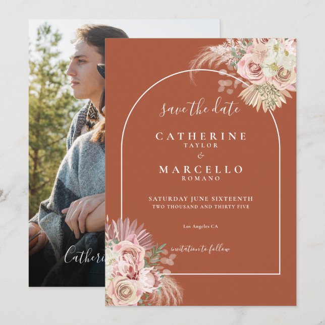 Save The Date Terracotta Pampas Mariage photo en herbe (Devant / Derrière)