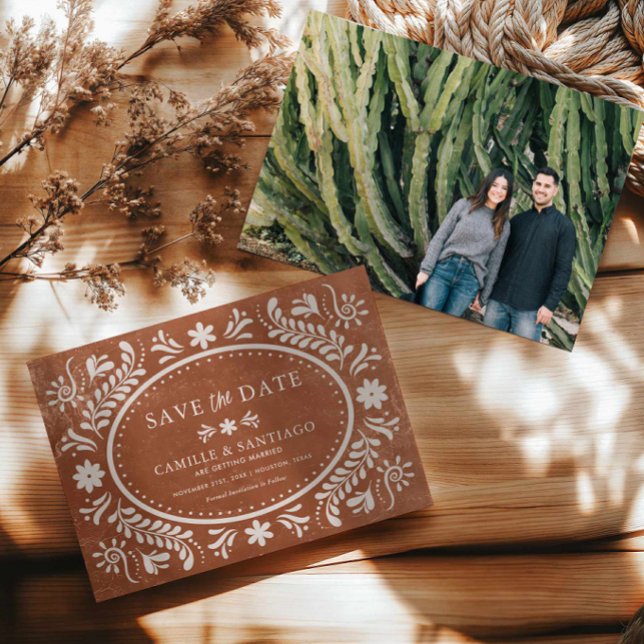 Save The Date Terracotta Talavera Photo Enregistrer la date (Terracotta Rustic Papel Picado Save the Date with Photo)