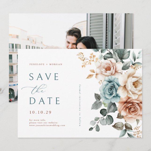 Save The Date Terracotta Turquoise Neutre Aquarelle mariage flor (Devant / Derrière)