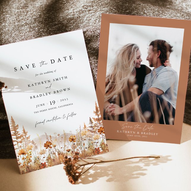 Save The Date Terracotta Wildflower Mountain Photo Back Wedding (Terracotta photo save the date wedding card with couple portrait and warm boho wildflower mountain )