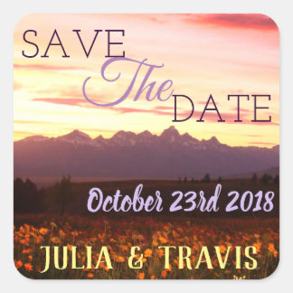 Save the Date Tetons lila UND WILDBLUMEN Quadratischer Aufkleber