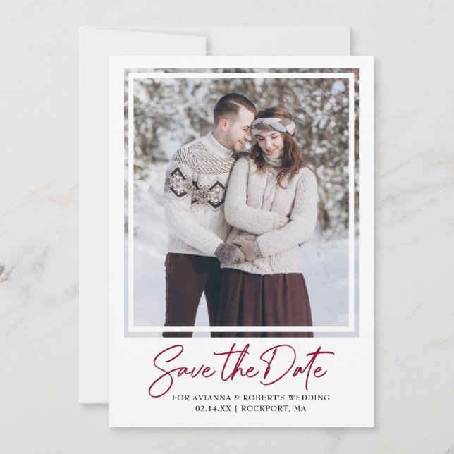 Save The Date Texte et photo en rouge de Bourgogne (Devant)
