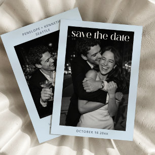 Save The Date Texte Gras Bleu Clair Photo Minimaliste Mariage QR