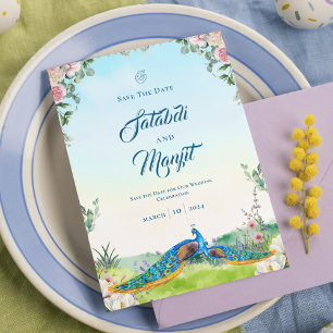 Save The Date Thème de mariage floral élégant bleu paon