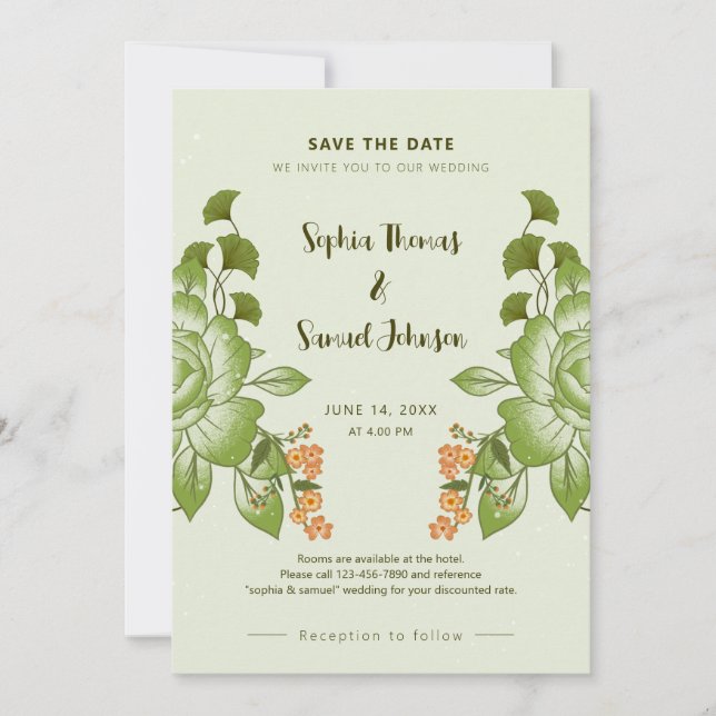 Save The Date Thème de Mariage Floral Rose vert (Devant)