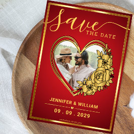 Save The Date Thème de mariage rouge et or Photo en forme de cœu