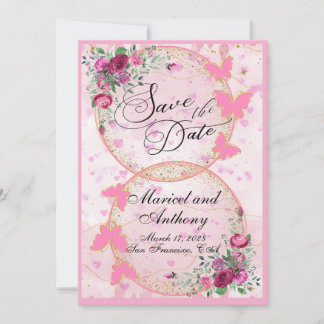 Save The Date Thème Papillons Roses Simples Faire Part de Date