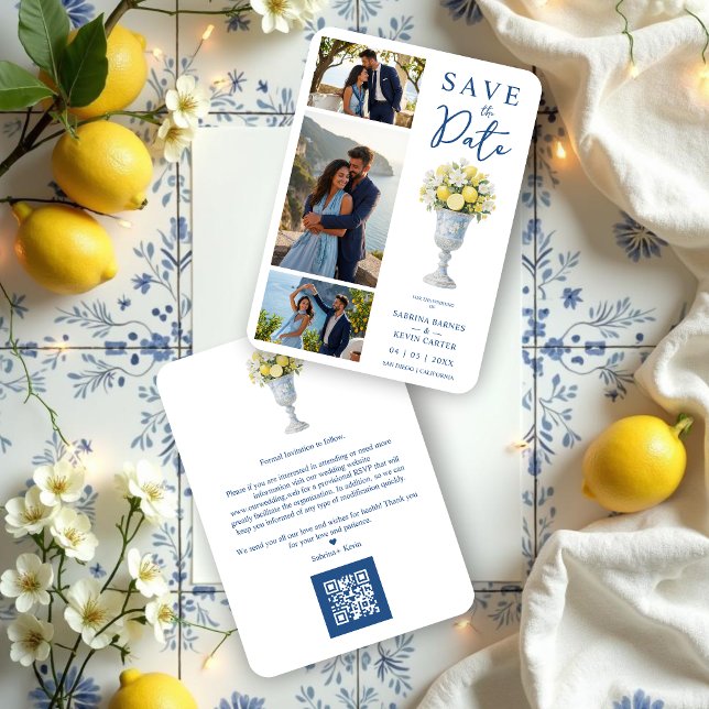 Save The Date Timeless Chalice Vase Mediterranean Lemons Flowers (Classic Chalice Vase with Mediterranean Lemons and Flowers 3-Photo Wedding Save the Date Cards.)