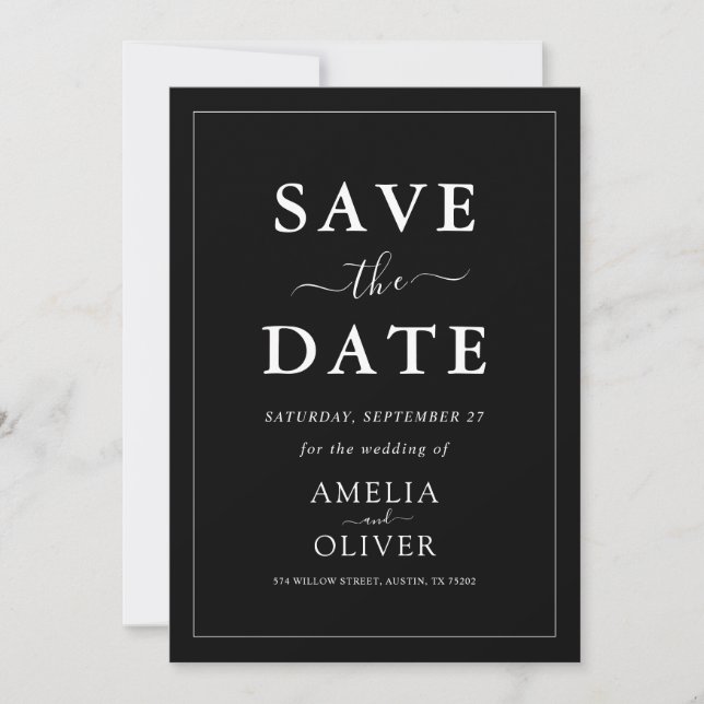 Save The Date Timeless Dark Black Modern Minimalist Wedding (Devant)