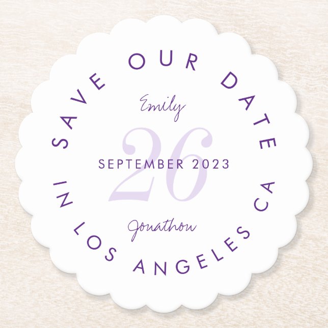 Save the Date Tinted Day Lila typografisch Untersetzer (Vorderseite)