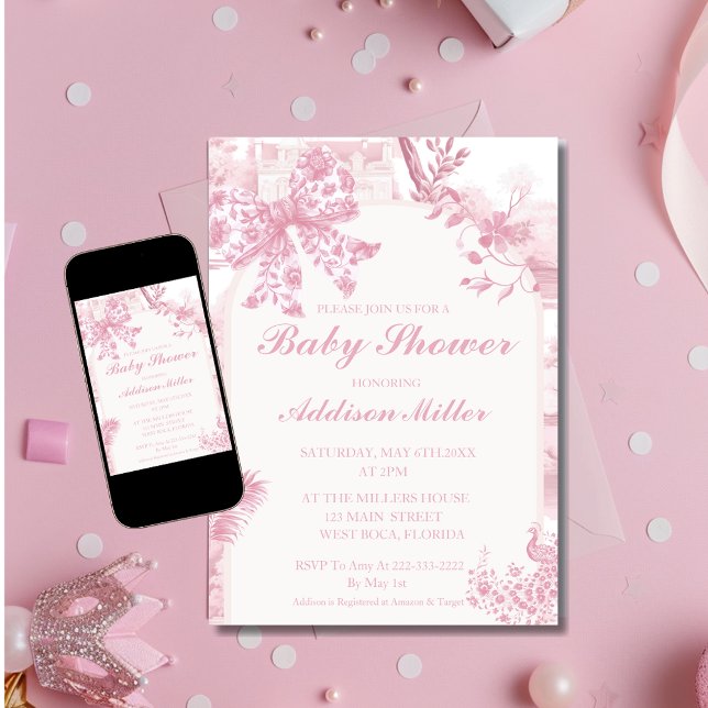 Save The Date Toile rose française Floral Bow Baby Girl Douche (Créateur téléchargé)