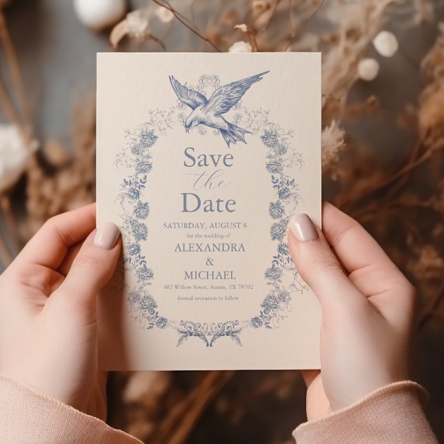 Save The Date Toile victorienne Français Bleu Classique Mariage (Créateur téléchargé)