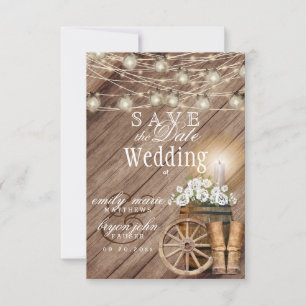 Save The Date Tonneau en bois rustique et fleurs blanches