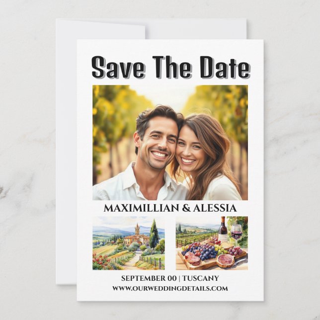 Save The Date Toscane mariage destination aquarelle photo chic (Devant)