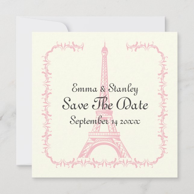 Save The Date Tour Eiffel rose mariage Paris Enregistrer la date (Devant)