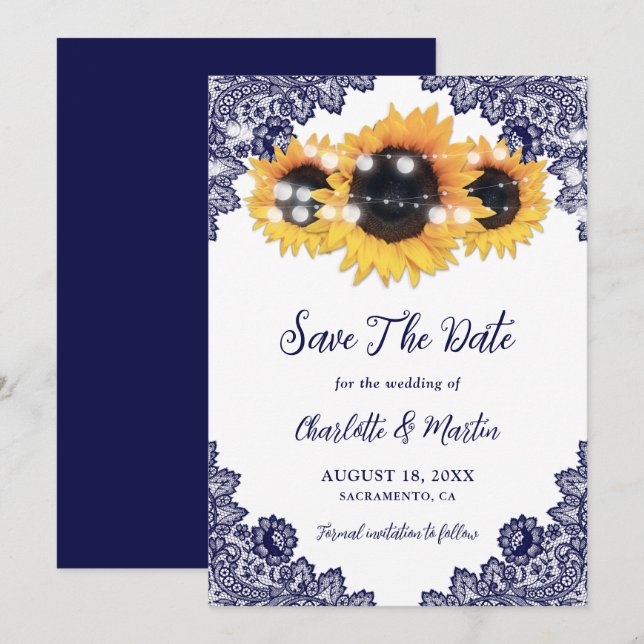 Save The Date Tournesol en dentelle rustique bleu marine (Devant / Derrière)