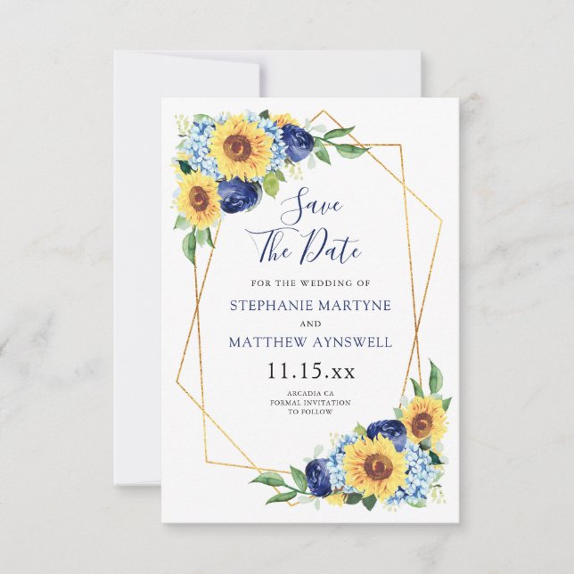 Save The Date Tournesol Géométrique Dusté Bleu Marine Mariage Fl (Devant)