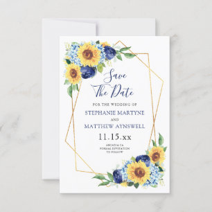 Save The Date Tournesol Géométrique Dusté Bleu Marine Mariage Fl