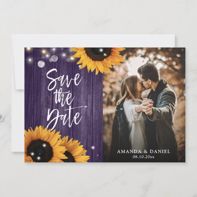 Save The Date Tournesol Rustique Bois pourpre Photo Mariage (Devant)