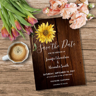 Save The Date Tournesol rustique sur mariage champêtre en bois d