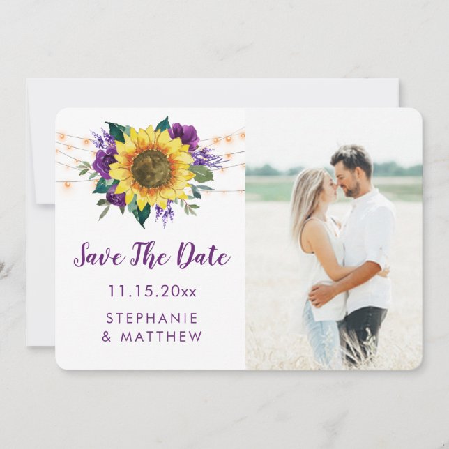 Save The Date Tournesol Violet Floral Lumières Photo Enregistrer (Devant)