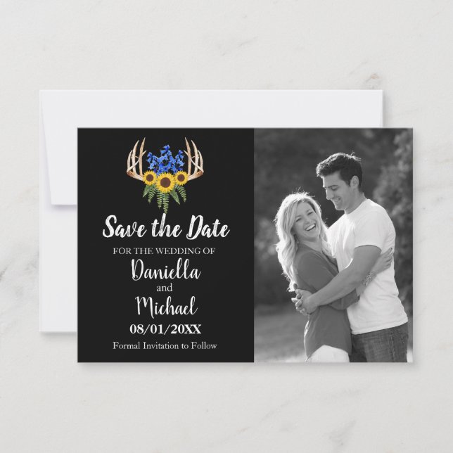 Save The Date Tournesols Rustiques Antlers Floral Mariage (Devant)