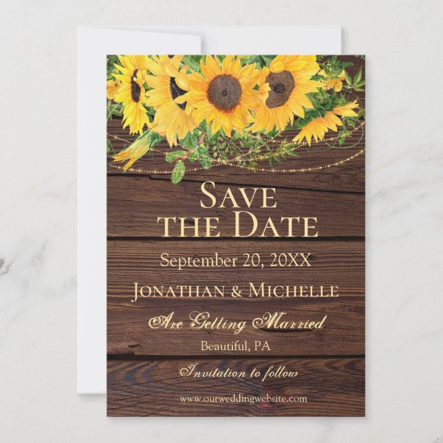 Save The Date Tournesols Rustiques Bois Mariage inspirant (Devant)
