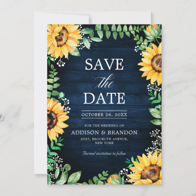 Save The Date Tournesols rustiques Mariage bleu marine (Devant)