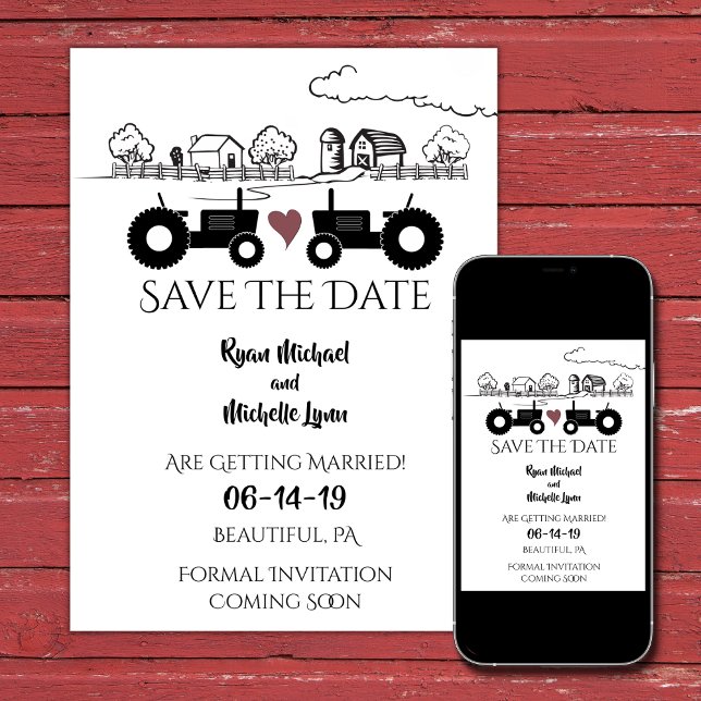 Save The Date Tracteurs silhouette et ferme noir - Mariage blanc (Créateur téléchargé)