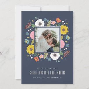 Save The Date Trellis Flower Frame Enregistrer la Date - Bleu Nu