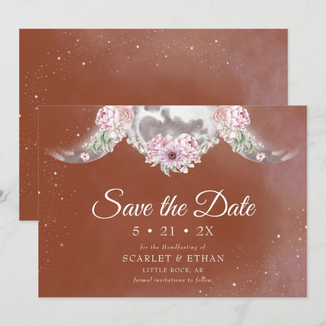 Save The Date Triple Lune & Étoiles Boho Terracotta Handfasting (Devant / Derrière)
